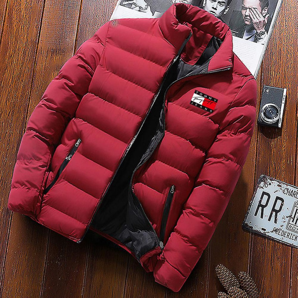 Herre Vatteret Frakke Mellemlang Tyk Dunjakke Vinter Varm Frakke Fitted Fit Wine Red M