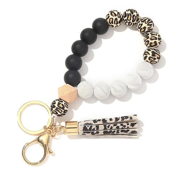 Silikon nyckelring armband handledsnyckelring leopard pärlor armband nyckelringar för kvinnor med läder tofs