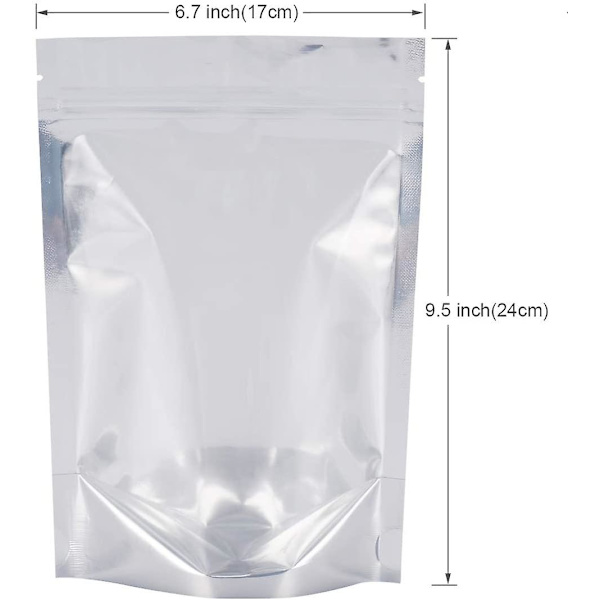 Återanvändbara aluminiumfoliepåsar med stativ, återförslutningsbara Ziplock Mylar-påsar för livsmedelsförvaring (50 st, 6,7x9,5 tum)