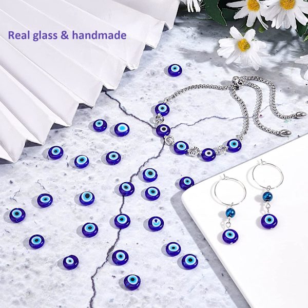 14.1\"/Strand (ca. 38 stk.) 9,5 mm-10,5 mm Håndlavede Evil Eye Lampwork Perler, Blå Farve Flade Runde Lampwork Spacer Perler DIY Håndværk