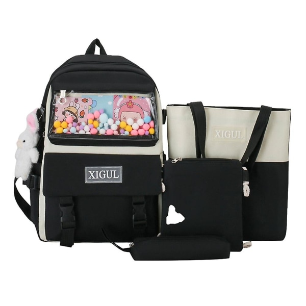4 st/set skolryggsäckar för kvinnor, skolväska i canvas med prästkrage för tonåringar, flickor, studenter, högskoleväska, pojkar, axelväska, bolsas mochilas F black