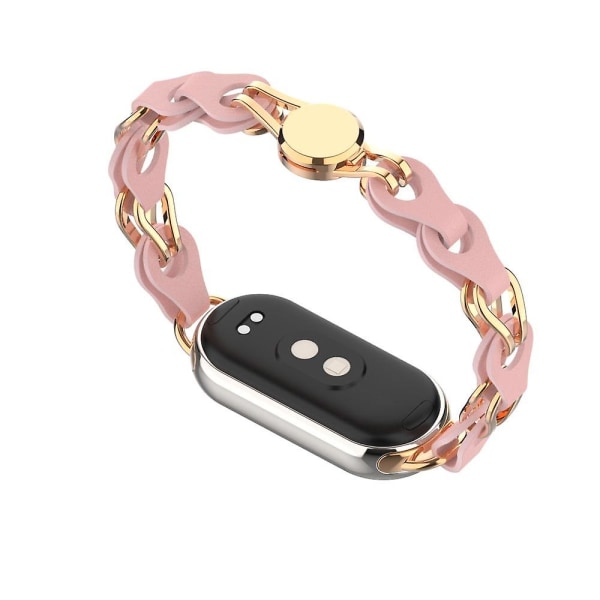 För Xiaomi Smart Band 8 magnetiskt watch äkta koläder+kedjearmband av aluminiumlegering Pink
