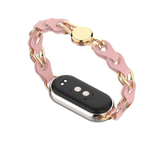Til Xiaomi Smart Band 8 Magnetisk Urrem Ægte Koskindslæder + Armbånd med Aluminiumlegeringskæde Pink