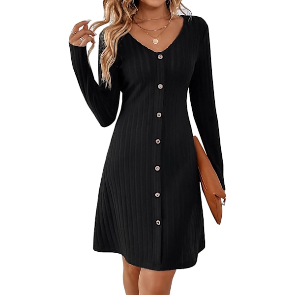 Mustat sateisen yön mekot naisille A-linjainen V-kaula-aukkoinen pitkähihainen koristeellinen nappi raidallinen vintage päivittäinen midi-mekko neulotut mekot Black XL