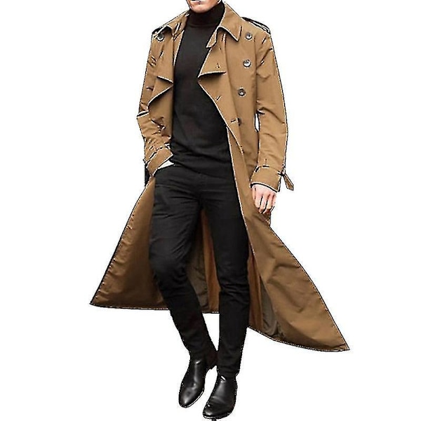 Lang trenchcoat for menn, frakk med jakkeslag, avslappet vinterjakke, ensfarget yttertøy Khaki XL