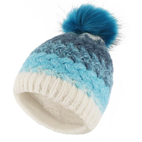 Mössa flickor utomhus vinter färggradient plus fluffiga bollar mössa pojkar ärm mössa Blue color Average size