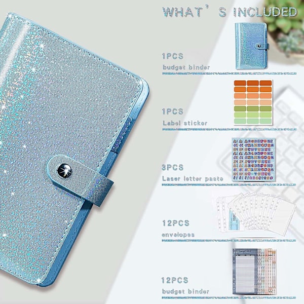 A6 Budget Binder med 12 st dragkedjor kuvert för budgetering, pengar arrangör för kontanter fyllning besparingar bindemedel bok, liten budget planerare plånbok med Bi Cyan