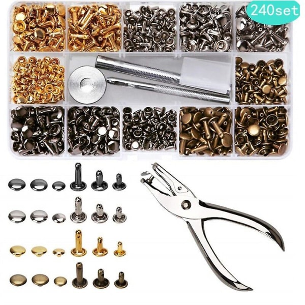 480 st metall dubbla lock nitar nitar runda nitar för diy läderhantverk väska bälte kläder kläder skor husdjur krage fixverktyg 240pcs with plier