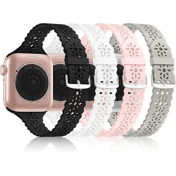 [ 4-pack] Spetsband i silikon kompatibelt med Apple Watch-band 38 mm 40 mm 41 mm, smalt tunt ihåligt iwatch-sportarmband med klassiskt spänne