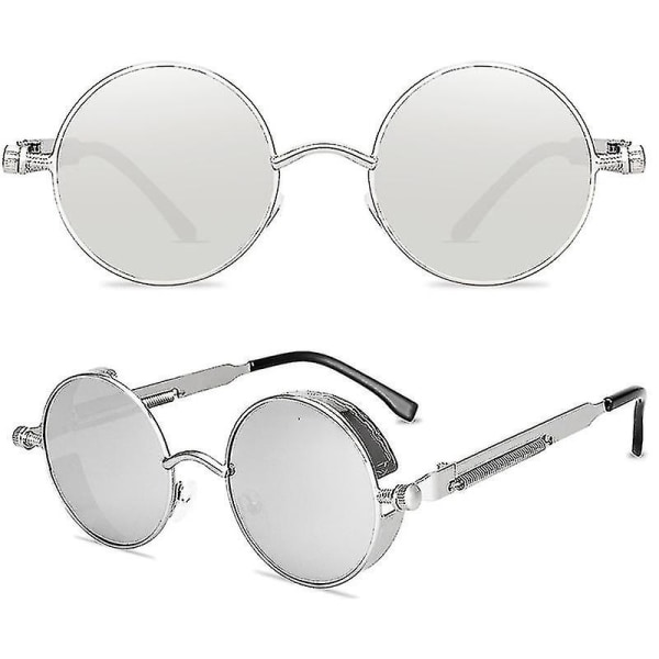 Vintage Polarisoidut Steampunk-aurinkolasit Miehille Pyöreät Aurinkolasit Tyylikkäät Silver Frame and Lenses