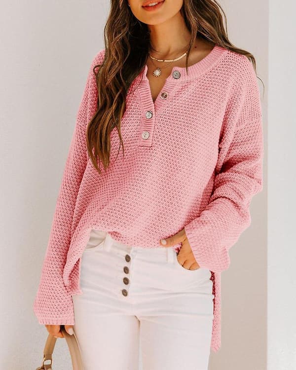 Oversized V-hals Knap Henley Toppe Dame Batwing Lange Ærmer Løs Jumper, Perfekt Til Vinter