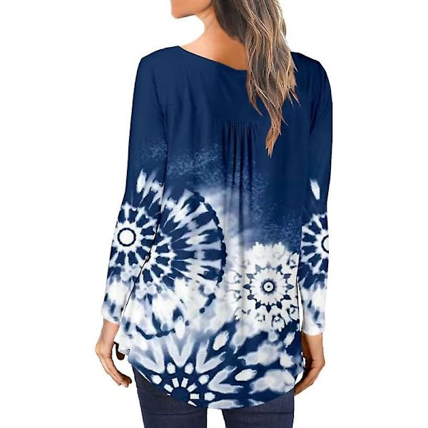 Kvinner Casual Bluser Topper Løse Plisserte Blomstrete Tunika Skjorter For Kvinner Uk V-Hals Bluewhite M