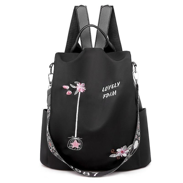 Kvinnors ryggsäck blommig axelväska Reseryggsäck skolryggsäck black