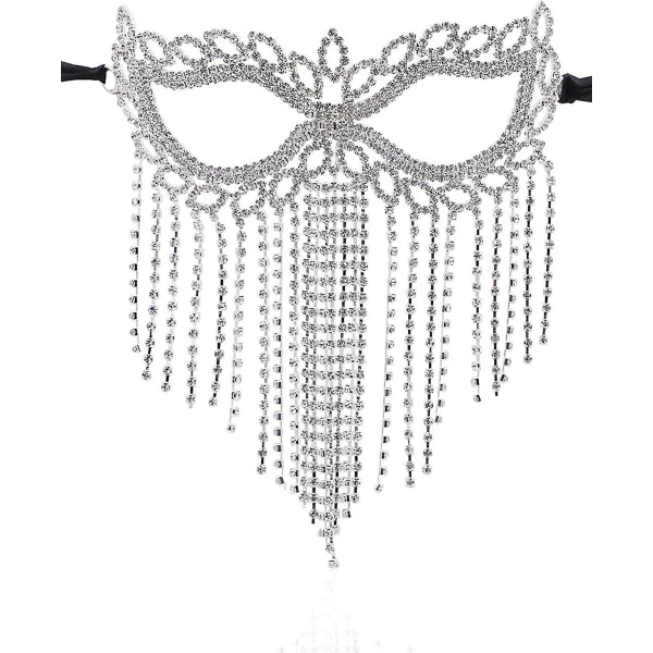 Rhinestone Cat Eye Fringe Maskerad Mardi Gras Mask Med Satängband Bak