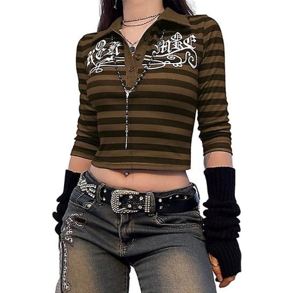 Dame Gotisk Grafisk Print Crop Top Vintage Stribet Langærmet T-shirt Æstetisk