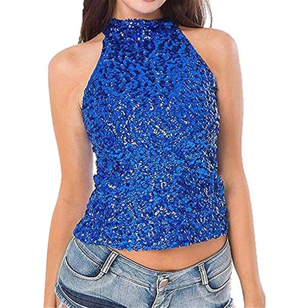 Kvinnors Sequin Tank Top Glitter Iögonfallande Slim Fits Ärmlös Halterneck Väst Blue