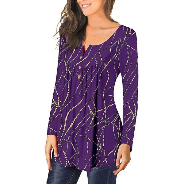 Dame Casual Bluser Topper Løse Plisserede Blomstrede Tunika Skjorter Til Kvinder Uk V-Hals Purplegold 3XL