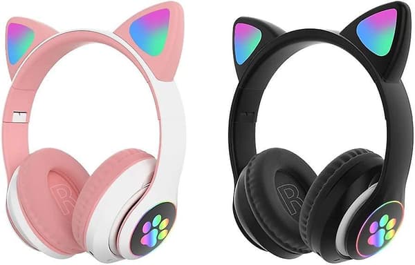 Gaming Headset, Stereo Gaming Headset Søde Katteøre Hovedtelefoner Med Støjreducerende Mikrofon LED Lys, Bluetooth 5.0 Trådløst Gaming Headset PC Headset Til