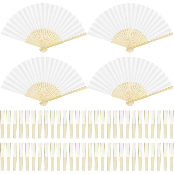 60 st pappersvikbara fläktar bambu handhållna fläktar papper vikta fläktar för bröllopsgåva, festgåvor, diy, heminredning, vit
