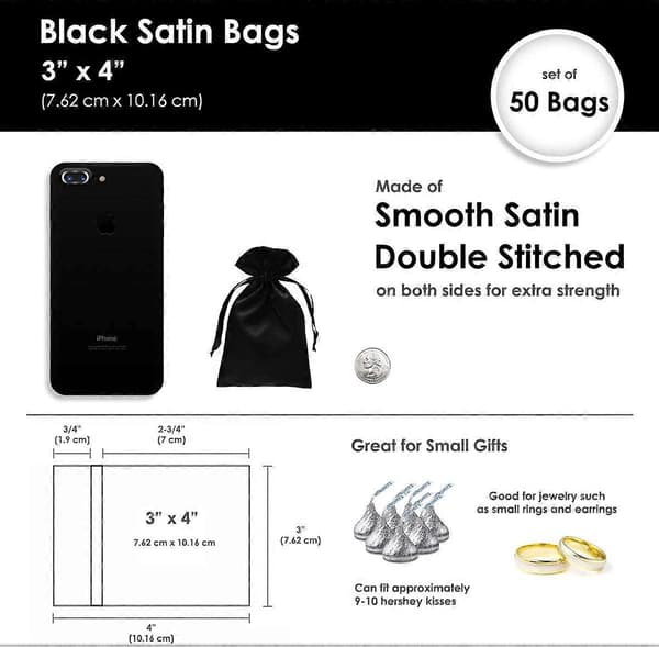 Satin Sort Gavepose Smykketaske, Bryllupsgave Snøretaske Pakke med 50