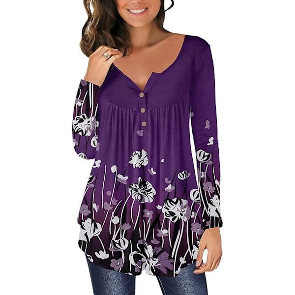 Dame Tunika Topper Ensfarget Plissert V-hals Knapper Bluse Blomstertrykte Damer Mixblue 1 L