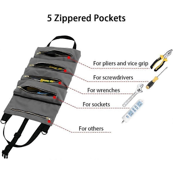 Verktygsrulle RealPlus Multi-Purpose Canvas Verktygsrulle Skiftnyckelrulle Väska Rullbar Verktygsväska med 5 Dragkedjefickor Verktygsorganisatörer för Bil Motorcykel Gray