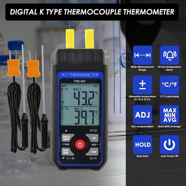Digital Termometer med Termoelement, Typ K, 4 Termoelement, Mätintervall -328~2500℉, HVAC Termometer, Dubbla Kanaler, Temperatur