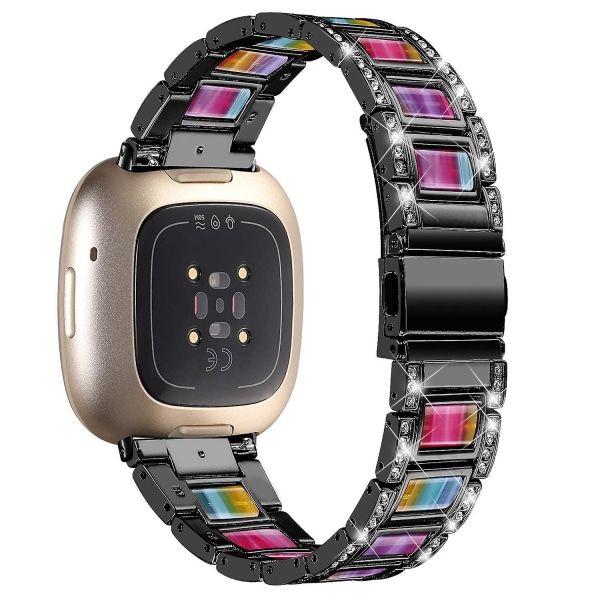 Til Fitbit Versa 4/Sense 2 Resin Urrem Rustfrit Stål Rhinestone Dekor Urrem Black Rainbow