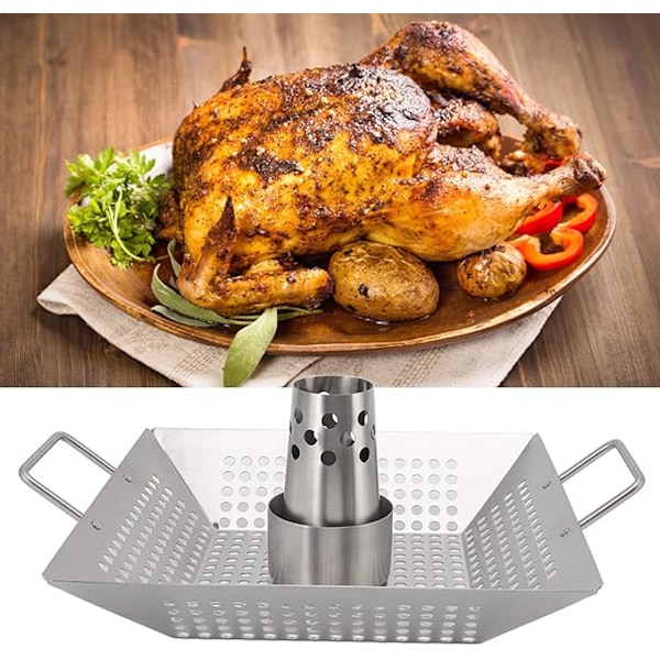 Øldåse Kyllingeholder, Grill i rustfrit stål, Vertikal Kyllingerister Stand Rack og Kraftig Drypbakke til Stegning, BBQ Rister Cooker Stand
