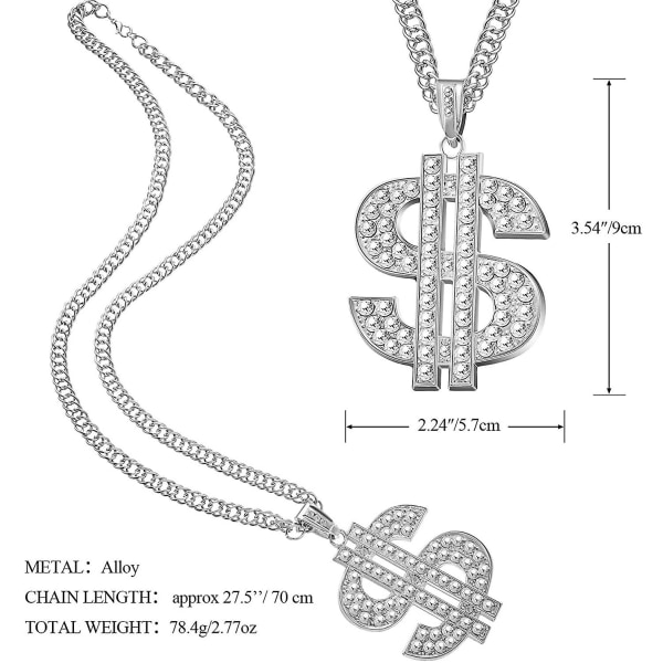 2 delar guld/silverpläterad kedja för män med dollartecken hänge halsband, hip hop dollar halsband