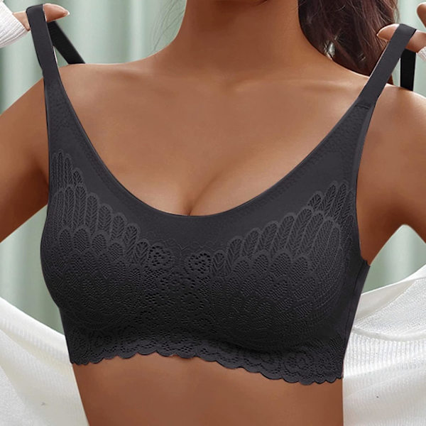 Sport-BH för kvinnor, ryggstängning sömlös trådlös plus size bygelstöd stora byst BH högstöd BH Black 3XL