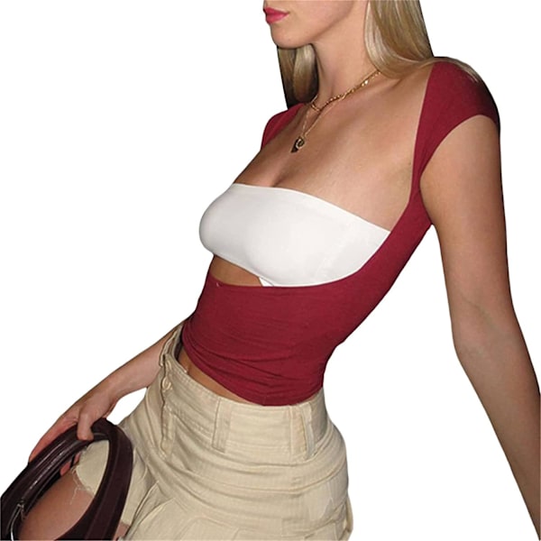 Dame Sexet Top med Udskæring i Ryggen Kortærmet T-shirt Y2k Mode Skjorter Burgundy L
