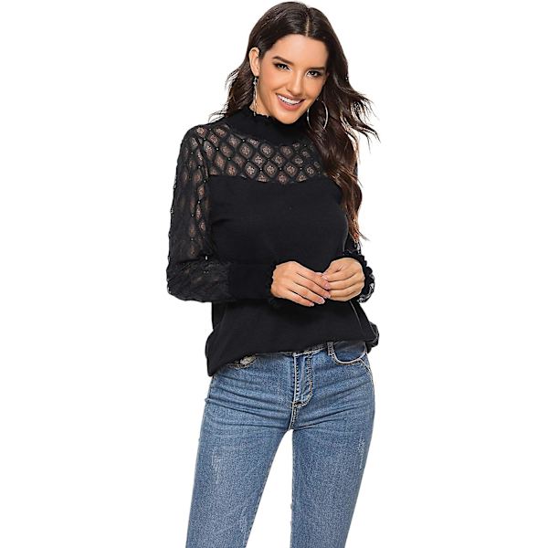 Damtoppar Elegant Spets Mesh Semi Sheer Blus Casual Långärmad Turtleneck Black XL