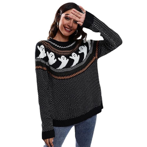 Dam långärmad stickad tröja lös höst och vinter damkläder Black Xl (new)