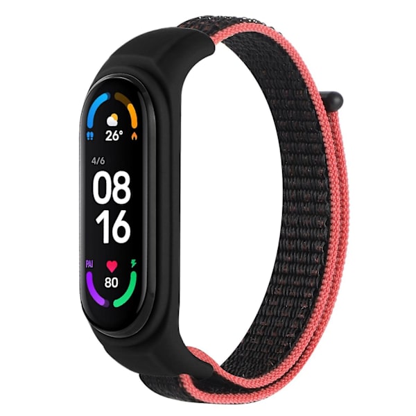 Nyloninen urheilullinen kadonneen estävä ranneke Xiaomi Mi Band 3/Band 4/Band 5/Band 6/Band 7 -älykellolle silikonisella kellokotelolla Red Black