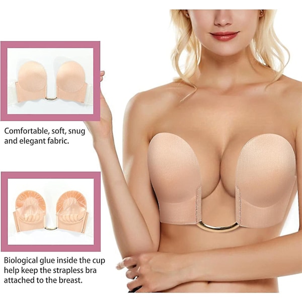 Plunge Strapless Sticky Push Up BH Slitlös Limmad Osynlig, Med Bröstvårtsskydd Beige 1 X-Large