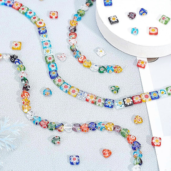 192 stk. Millefiori Lampwork Glassperler 4 Tråder Håndlagde Glassperler Firkantet Hjerte Fargede Glasurperler 0,5 mm Hull for Smykkefremstilling 8x8x3mm