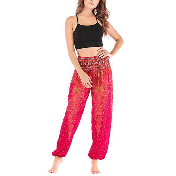 Boho Yoga Bukser til Kvinder - Printede Pilates Bukser med Løs Pasform og Baggy Harem Stil - Perfekt til Strand, Yoga, Dans og Mere Rose One Size
