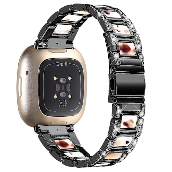 För Fitbit Versa 4/Sense 2 Resin Watch Strap i rostfritt stål med strassdekor Black Nougat Pattern