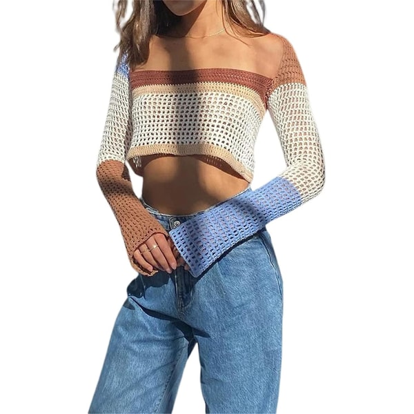 Heklet, hul strikket genser for kvinner, crop tops, langermet genser, cropped Style 3 M