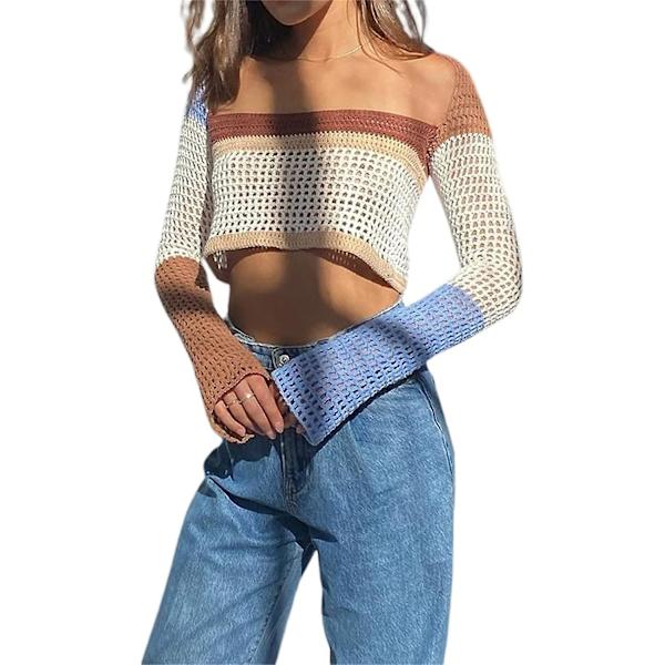 Kvinnors ihåliga stickade tröja med korta ärmar, långärmad tröja Style 3 XL