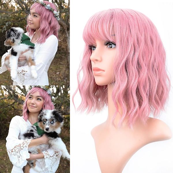Pastellfärgad vågig peruk med luftlugg, kort lila rosa lockig axellång syntetisk peruk för dagligt bruk, färgglad cosplayperuk för tjejer
