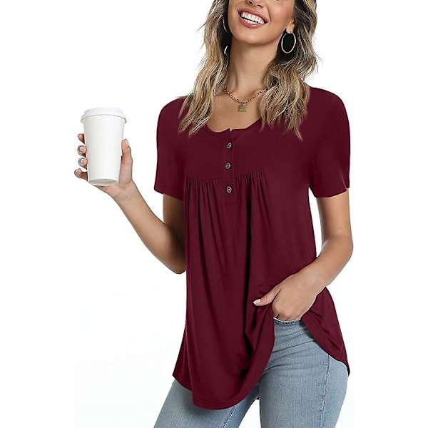 Dam Henley-skjortor med knappar, kortärmad blus, vår-sommar 2023, casual Wine Red L