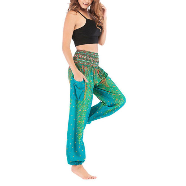 Boho Yogabyxor för kvinnor - Pilatesbyxor med printed och lös passform och baggy haremsstil - Perfekt för strand, yoga, dans och mer Lake Green One Size