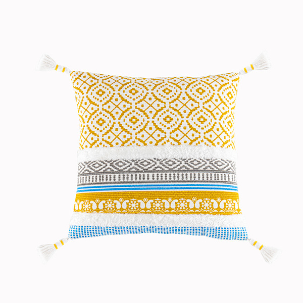 Boho Tuftade dekorativa kuddfodral för soffa - Modernt marockanskt örngott med tofsar, sovrum vardagsrum bilhotell, 18x18 tum Yellow