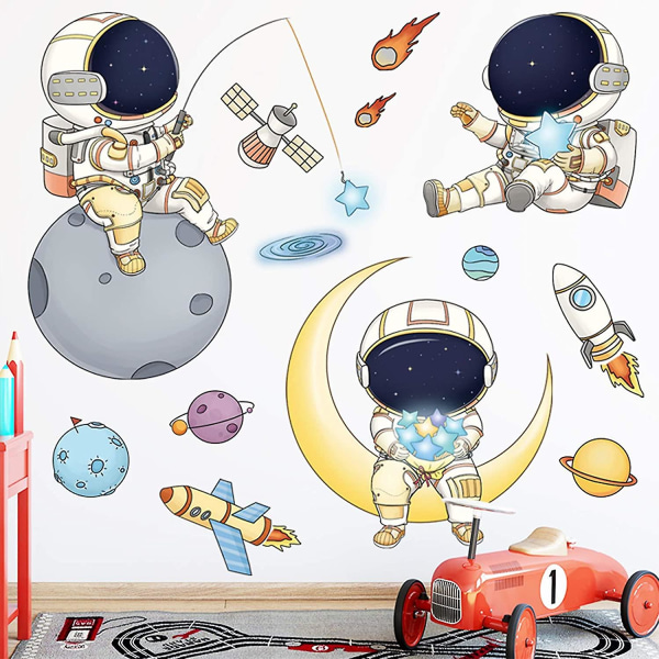 Astronautväggklistermärken för pojkar sovrum, tecknad rymdman yttre planet Kreativ gör-det-självkonst Vinyl Avtagbar väggdekal, Star Spaceship Ufo Glaxy Wallpaper