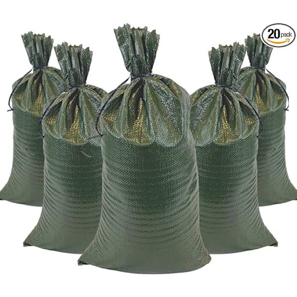 Tunga Sandsäckar med Bindsträngar Tomma Vävda Polypropen Sandsäckar med 1600 Timmars UV-Skydd, 50x80cm, Grön, 20-pack