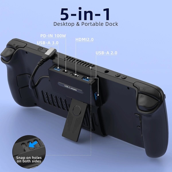 Dockningsstation för Steam Deck, 5-i-1 Dock Typ-C Hane till PD+USB3.0+USB2.0*2+HD2.0