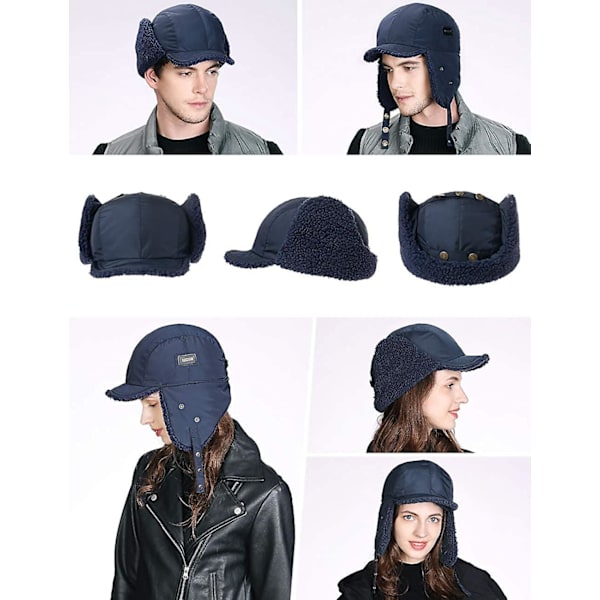 Vandtæt Yetsye Vinter Faux Læder Aviator Pilot Hue Øreklap Jagt Trapper Hat Navy blue