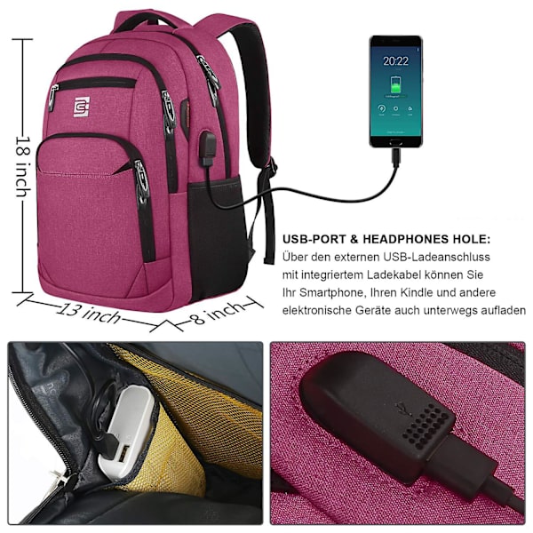 Nopea Toimitus Kannettavan Tietokoneen Reppu, Liikematka Varkaudenesto Ohut Kestävä Kannettavien Tietokoneiden Reppu USB-Latausliitännällä Rose red 23in